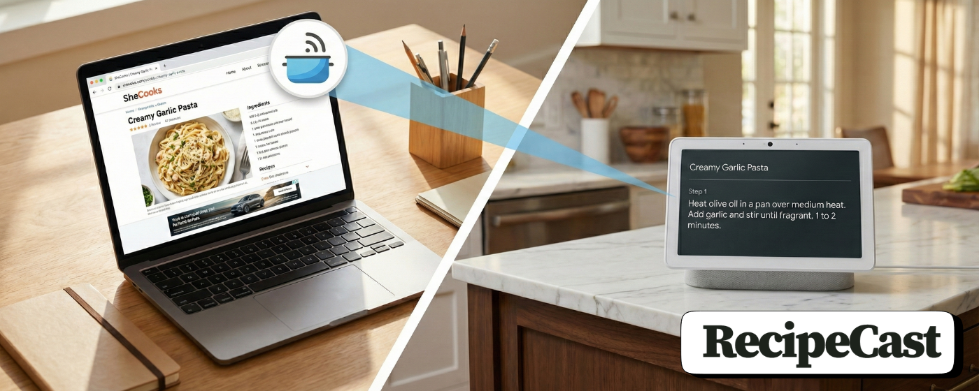 'RecipeCast demo showing a laptop using RecipeCast to view a recipe on a smart display'
